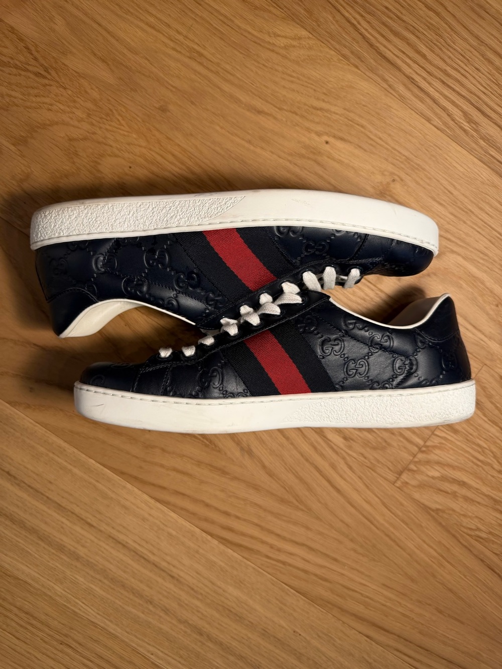 Gucci Navy Leather Men's Sneaker with Red and Blue Web - Picture 4 of 9